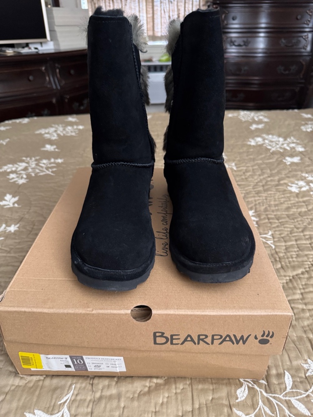 BearPaw Black Suede Mid-Calf Shearling Boots